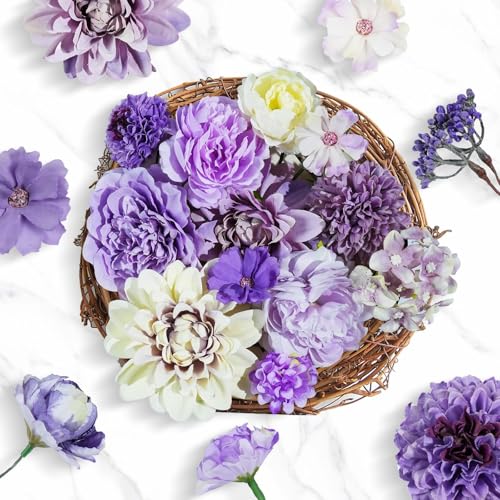 Lavender Silk Flowers, Artificial Flower Combo Box Set with Stems for Bridal Wedding Bouquets, Table Centerpieces Decor, Floral Arrangement Home Decor - color: Light Purple