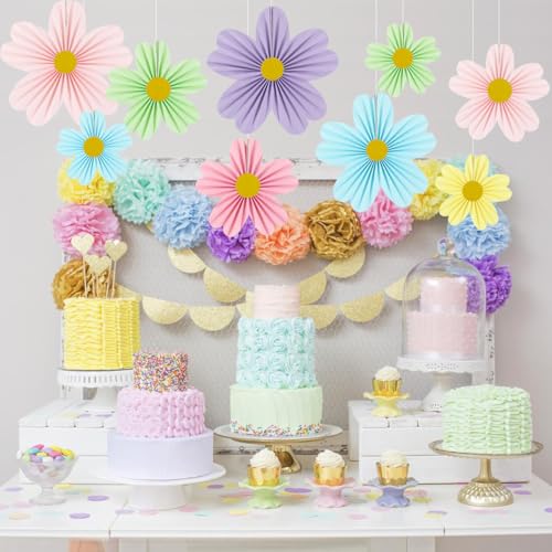 YUNXUAN Pastel Party Decorations Paper Fan Paper Flowers Decorations for Wall Flower Backdrop Classroom Baby Shower Birthday Flower Wall Decor Pack of 9 Rainbow - color: Pastel