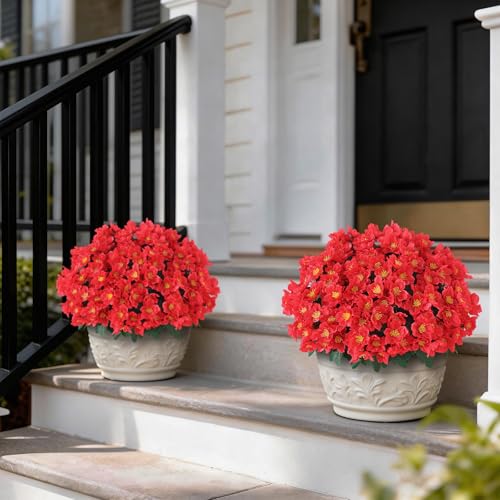 Juxdp 2 Sets of Artificial Camellia Topiary Ball Trees for Front Door(Red) | No Assembly Required, Fade-resistant, Fake Flower Potted Plants, Faux Potted Bushes, for Farmhouse/Porch/Garden/Outdoor Decor - color: Red