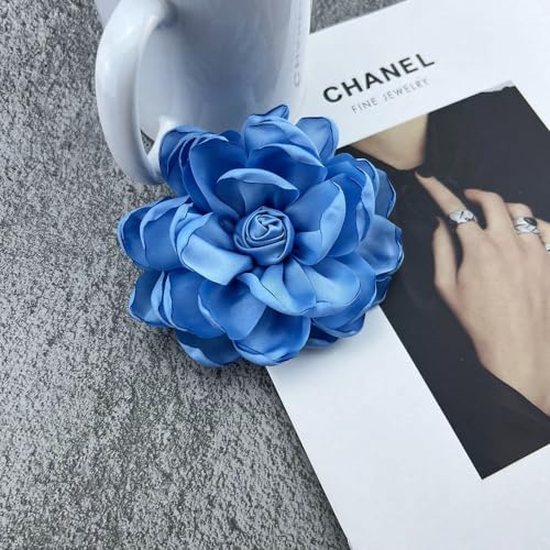Dainty Satin Rose Flower Brooch Pins for Women Delicate Large Camellia Pins Shawl Clips Duckbill Clips Wedding Prom Banquet Party Jewelry Gift - color: Blue