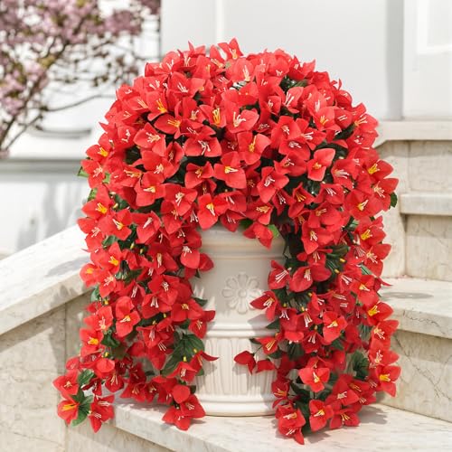 ATTGREAT Artificial Bougainvillea for Outdoors Faux Plants UV Resistant Flowers Fake Plastic Plants Realistic Silk Flowers for Porch Planter Garden Outside Hanging Decoration, 2Pcs (Red) - color: Red