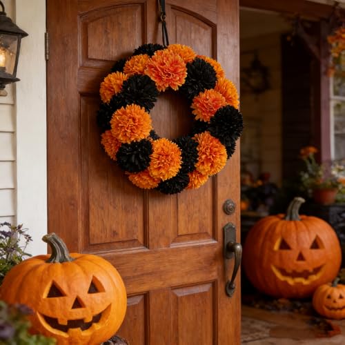 Kimura's Cabin 20Pcs Faux Mums Flowers Fake Chrysanthemum Artificial Silk Ball Flowers for Halloween Garden Home Kitchen Table DIY Decoration Center Fall Bouquets (Orange Black) - color: Orange Black