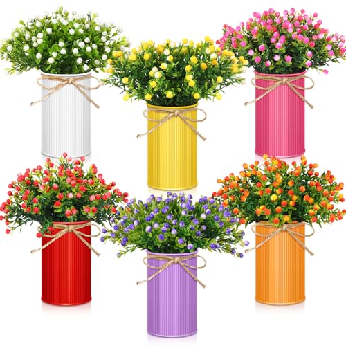 Maxdot 6 Pcs Flower Centerpiece for Table Summer Artificial Berry Flowers with Metal Vase Colorful Potted Faux Milan Floral Arrangement Spring Summer Table Decor for Home Wedding Dining Room Kitchen - color: Retro
