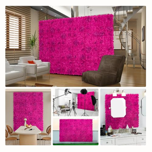 Flower Wall Backdrop 12pcs 16.5x16.5 Inch Floral Wall Panel Artificial Silk Rose Wall Decor Ideal for Wedding Celebrations, Festive Party Backdrops, and Home Decor-Bright Pink - color: Bright Pink, size: 16.5inch