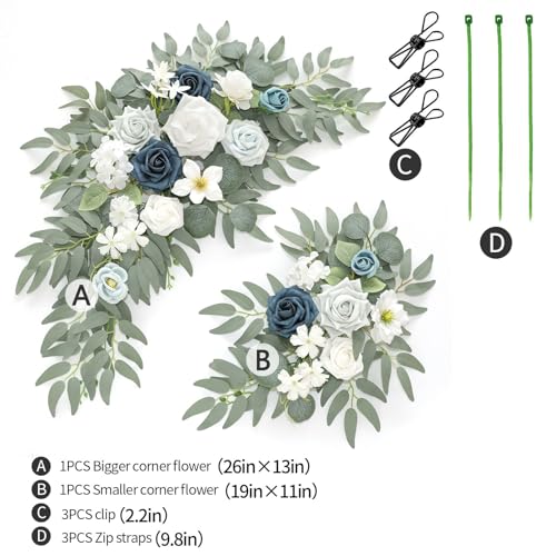 Faux Flower Swag Set of 2 for Wedding Welcome Signs Floral Swag Wedding Reception Ceremony Signs Decor (A-White Blue) - color: A-white Blue