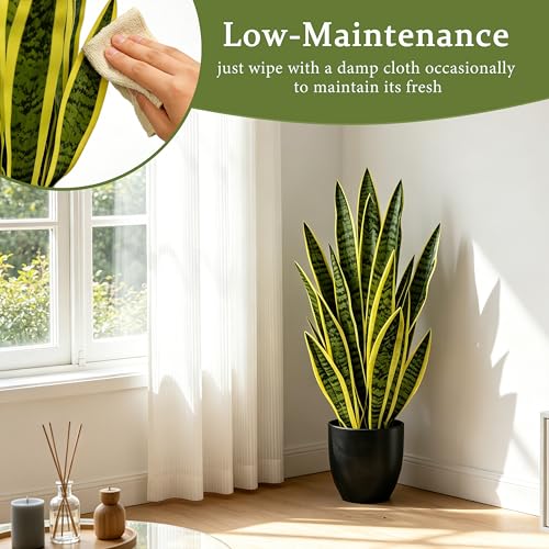 Fake Snake Plant, 27" Fake Potted Plants with Black Pot Realistic Artificial for Home Decor, Low Maintenance No Watering Needed Faux Plants for Desk Corner Office & Pet Areas(yellow-27in) - color: Yellow-27in