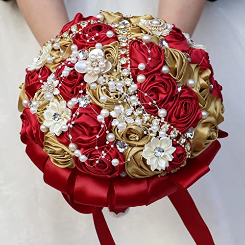 Bridal Wedding Bouquet with Rhinestone Brooch Pearl Bouquet for Bride Bridesmaid Quinceanera Satin Rose Flower Bouquet Wedding Burgundy and Gold 8.7in - color: Burgundy and Gold (Standard Size: Dia.8.7")