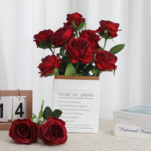 Burgundy Fake Roses Artificial Flowers - 16 Pcs Fake Artificial Roses Silk Flowers with Stems for Home Wedding Hotel Office Centerpiece Decor（Burgundy） - color: Burgundy, size: 16 Pcs