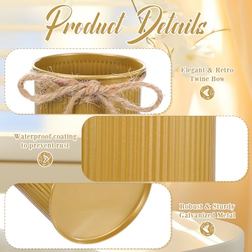 Rustic Vase for Table Centerpieces 4.33 Inch Small Petite Flower Vase with Twine Bow Vintage Farmhouse Decor for Wedding Reception Dining, Home Galvanized Metal Buckets(Gold,12 Pcs) - color: Gold