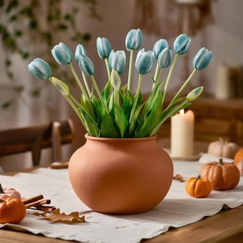 15 Pcs Artificial Flowers Tulips Real Touch Latex Plastic Soft Faux Bouquets for Party, Wedding, Home, Room, Garden Decor (Vintage Blue) - color: Vintage Blue
