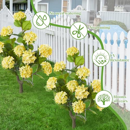 Daifunli 2 Pack 36″ Artificial Hydrangea Trees Real to Touch Faux Hydrangea Bushes Plants with Stakes for Wedding Spring Home Office Living Room Housewarming Gift(Light Yellow) - color: Light Yellow