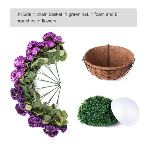 INSPRING Geraniums Artificial Flowers Hanging Basket for Outdoors Outside Spring Decoration, 8 Bundles Silk Flowers Fake Plants Look Real UV Resistant for Porch Home Patio Balcony Yard, Double Purple - color: Double Purple