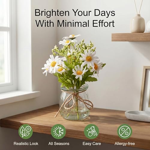 Set of 2 Artificial Daisy Flowers with Glass Vases - Realistic Fake Flowers, Flexible Silk Flower and Stems, Perfect for Home Offices, Living Room Tables, Windowsills & Wedding Decor. - color: Greenish-white