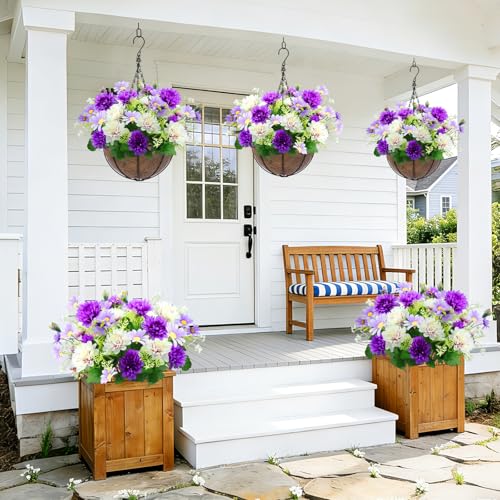 44 Heads Artificial Flowers for Outdoors, 4 Bunches 17 Inch Dahlia Daisies Mum Fake Plants UV Resistant Faux Flowers Bouquet Cemetery Flowers for Grave Outside Indoor Home Spring Summer Decor (Purple) - color: Purple