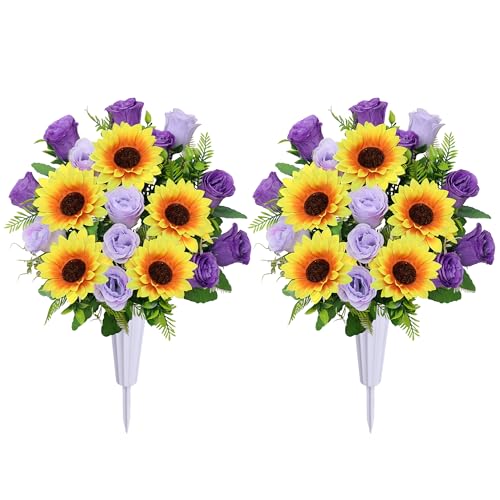 Lodou Artificial Cemetery Flowers for Grave,Set of 2 Artificial Rose Sunflower Bouquet Graveyard Memorial Flowers for Outdoor Grave Decorations ﻿ (Purple) - color: Purple