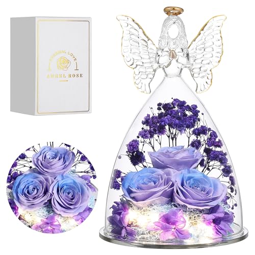 Mothers Day Rose Gifts for Women Preserved Real Flower in Glass Angel Figurines Roses for Delivery Prime Birthday Gifts for Mom Grandma Girlfriend Wife Her, BluePurple - color: Bluepurple