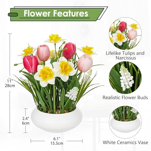Hollyone Tulips Artificial Flowers with Daffodil Bulbs in Vase Fake Tulips Silk Flowers Arrangements with Ceramic Pot Daffodil Tulip Bulbs Floral Bouquet for Home Decor Table Centerpiece White Pink - color: Large - Mixed