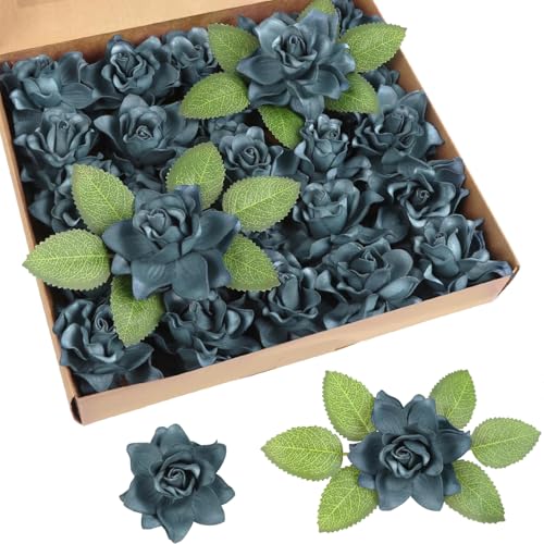 IPOPU 25PCS Artificial Gardenia Flowers 3.15’’ Deep Blue Fake Flower Heads Foam Roses with Stems for DIY Wedding Bouquets Party Home Centerpieces Decor(Deep Blue) - color: Deep Blue