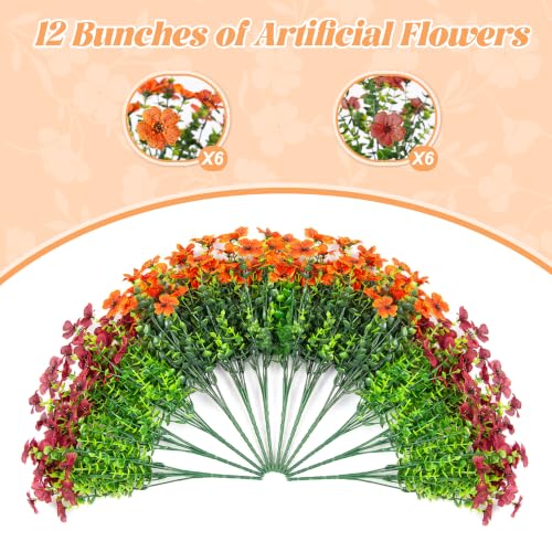 Fall Mums Artificial Flowers for Outdoors Potted, 12 Bundles Fake Fall Daisy Flower with Realistic Eucalyptus Leaves, Fake Plants for Greenery Boxwood Porch Patio Garden Pot Courtyard(Orange Brown) - color: Z-orange Brown