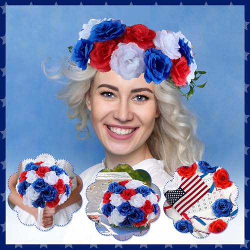 Yunlly 100 Pcs Artificial Flowers Fake Silk Roses Long Stem Rose Bouquet Wedding Party Home Decor for DIY Baby Shower Centerpieces Tables Home Decorations(Blue, White,Red) - color: Blue, White, Red