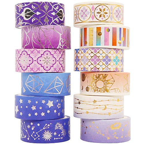 YUBBAEX Galaxy Washi Tape Set Purple Stars Decorative Tapes Silver Gold Foil Masking for Arts, DIY Crafts, Journal Supplies, Planners, Scrapbook, Gift Wrapping (Purple Night 12 Rolls) - color: Purple Night 12 Rolls