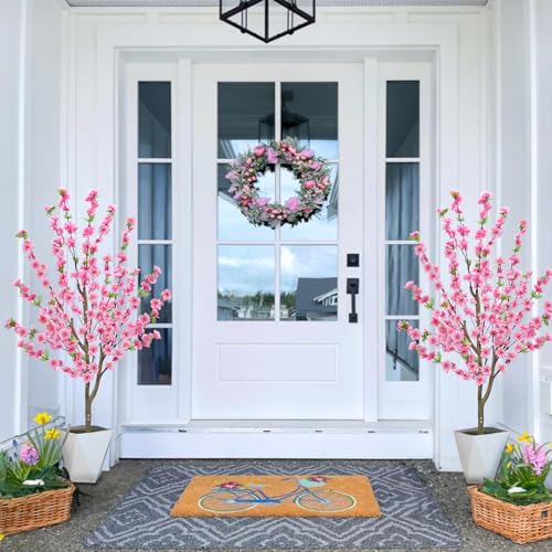 HUAESIN 4.4Ft 2 Pack Artificial Cherry Blossom Tree Tall Fake Plant Tree Pink Sakura Flower Tree Faux Potted Silk Plant for Spring Home Room Porch Office Wedding Indoor Outdoor Decorations - color: Pink 2pcs