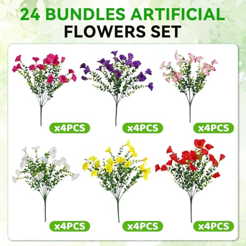 Alotiki 24 Bundles Artificial Flowers for Outdoors Decoration,Faux UV Resistant Morning Glory Flowers with Eucalyptus Leaves,for Porch Outside Indoor Yard Home Patio Decor(24, Multiple Color) - color: Eucalyptus Morning Glory, size: 24P