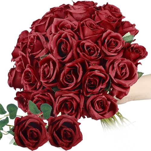Thiccywoov 30 Pcs Rose Artificial Flowers in Bulk Lifelike Long Stem Silk Roses Bouquets Realistic Faux Flowers for Wedding Bridal Shower Home Decor Floral Arrangements Table Centerpiece(Burgundy) - color: Burgundy