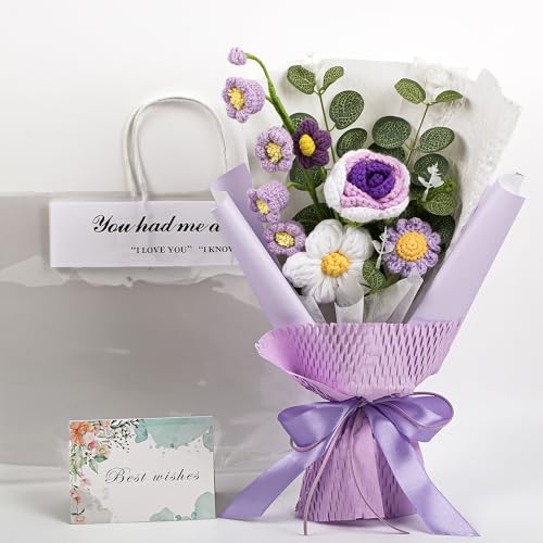 Crochet Flower Bouquet, Handmade Knitted Faux Crochet Flowers for Home Decor Valentine’s Day Anniversary Weddings Birthdays Mother’s Day, Includes Gift Bag and Greeting Card (Purple) - color: Purple