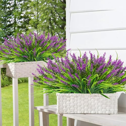 40 Bundles Artificial Plants Outdoor Fake Monkey Grass with Lavender Flowers Plastic UV Resistant Greenery Plant Shrubs for Window Box Porch Garden Patio Outdoor Decor - color: Fushia