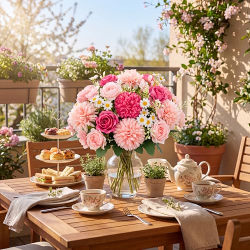 Tigeen 6 Pcs Bundles Artificial Bouquet Flowers Artificial Peonies Faux Roses Hydrangea Flowers Bouquet for Wedding Table Centerpiece Floral Vase Decor (Pink,Magenta) - color: Pink, Magenta