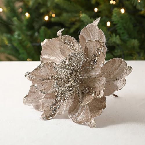 vctops 6 Pcs Poinsettia Artificial Flowers Christmas Tree Ornaments Glitter Magnolia Flowers for New Year Xmas Party Wedding Holiday DIY Decorations, Champagne - color: Champagne