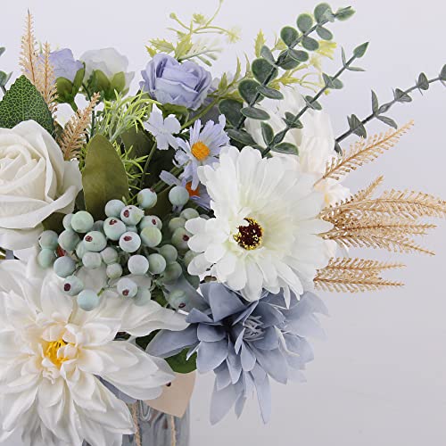Fake Flowers with Vase, Silk Dusty Blue Rose Hydrangea Artificial Flowers in Vase Faux Dahlia Flowers Arrangement for Home Kitchen Living Room Summer Spring Decor Office Centerpiece Table Decorations - color: Sky Blue
