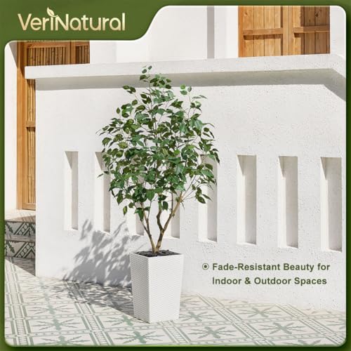 VeriNatural 5FT Artificial Ficus Tree with White Taper Planter & Pebbles– Tall Faux Trees with UV Resistant Silk Leaves for Indoor Outdoor - Potted Fake Floor Plants for Home Office Room Decor, VN128
