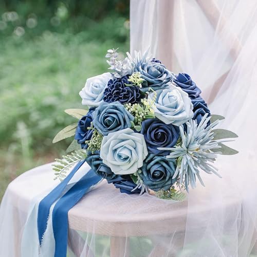 Higfra Artificial Flowers 50 Stems Realistic Roses - Lifelike Fake Flowers for Wedding Bouquets, Baby Shower Decor, Home Centerpieces, DIY Floral Arrangements (Dusty Blue Shades, 50Pcs) - color: Dusty Blue Shades, size: 50Pcs