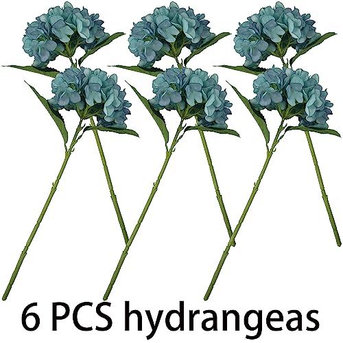 Blue Hydrangea Artificial Flowers,6 Pcs Faux Hydrangea Flowers,Artificial Hydrangeas Flowers with Stems,Fake Hydrangeas,Silk Hydrangeas Flowers with Stems for Home Decor (6, Blue) - color: Spring Blue