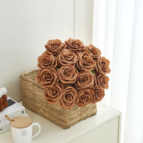15pcs Fake Roses Artificial Silk Flowers Faux Rose Flower Long Stems Bouquet for Arrangement Wedding Centerpiece Party Home Kitchen Decor - color: 15pcs Coffee