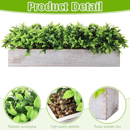 Lyrow 2 Pack 24 '' Artificial Eucalyptus Plants in Rectangular Rustic Wooden Planter Box Faux Potted Herb Plant Greenery Centerpiece for Cabinet Windowsill Table Shelf Wedding Decor (Whitewashed) - color: White, size: 24 ''