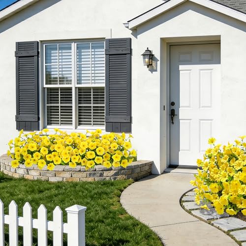 Roberly 12 Bundles Artificial Flowers for Outdoors, Fake Flowers Silk Morning Glory with Eucalyptus UV Resistant Faux Plants for Spring Summer Garden Outside Porch Patio Yard Home Decor, Yellow - color: Yellow