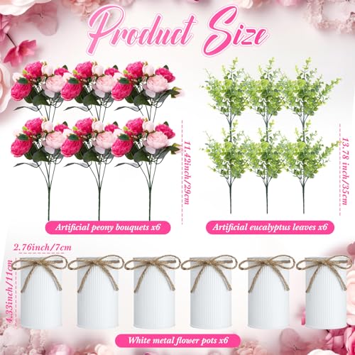 6 Sets Artificial Peonies Flowers, 6 Artificial Peony with Vase 6 Faux Eucalyptus, Faux Silk Peony Bouquet Spring Flowers for Decoration Wedding Party Home Dining (Pink) - color: Pink