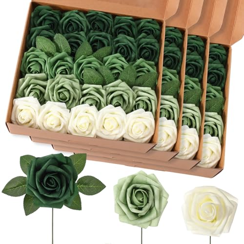 100 Pcs Artificial Foam Rose Flower Faux Bouquet Wedding Fake Rose Gift for Mother's Day Women DIY Bridal Shower Party Table Birthday Home Spring Decor (Gradient Green) - color: Gradient Green