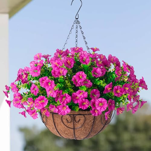 Artificial Fake Hanging Flowers Plants Baskets for Outdoor Spring Summer Decoration, Faux Silk Morning Glory in Planter UV Resistant Realistic for Home Outside Porch Patio Balcony Garden Yard, Fuchsia - color: B Fuchsia