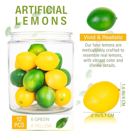 12 Pcs Artificial Lemons for Decoration, Vivid Faux Lemon Fake Fruit Realistic Yellow & Green Lemon Mixed Set for Home Kitchen Cabinet Decoration Party Decor