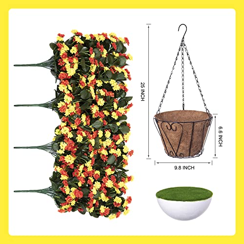 Ammyoo Artificial Flowers in Hanging Basket for Outdoors Spring Decor, Fake Mums Flowers Faux Plants with Hanging Baskets for Home Porch Garden Yard Patio Summer Decoration (Orange Yellow) - color: Orange Yellow