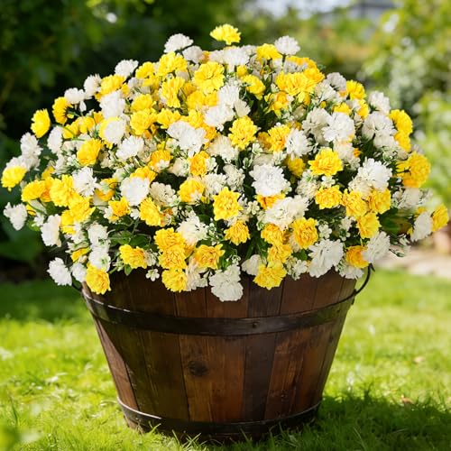 Ammyoo Artificial Flowers for Outdoors Decoration, 6 Bundles Silk Marigold Flower UV Resistant Look Real Faux Plants for Garden Porch Planter Patio Balcony Yard Home Decor (Yellow White) - color: Yellow White