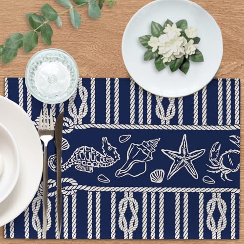 Navy Blue Nautical Placemats Set of 4, Coastal Ropes Starfish Crab Seahorse Sea Shell Conch Dining Place Mats Table Decor, Ocean Marine Life Lake Beach House Home Kitchen Decoration 12''x18'' - color: Navy Blue Nautical, size: Placemats 12''X18''