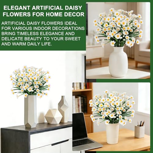 12 Bundles Artificial Daisy Flowers for Outdoors Summer Decor, UV Resistant Fake Cemetery Flowers Faux Plastic Greenery Shrub Plants for Outside Home Gardens Porch Planter Memorial Day Decor(White) - color: White, size: 12 Bundles
