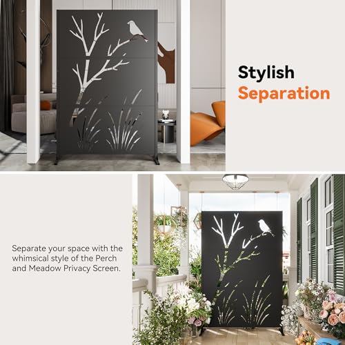 Modern Shade 4x6 FT Metal Privacy Screen with Artistic Modular Designs Decorative Patio Privacy Fence & Garden Divider, Freestanding Outdoor Metal Fence Panel, Weather-Resistant (Perch & Meadow) - size: 1 Panel (Perch & Meadow)