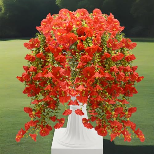 Musdoney 4PCS Artificial Hanging Flowers, Fake Hanging Plants Morning Glory Vines UV Resistant for Wall Home Room Garden Wedding Indoor Outdoor Spring Summer Decoration (Red) - color: Red