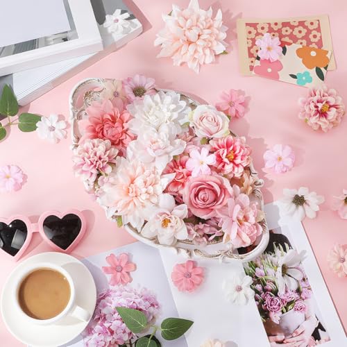Janinka 100 Pcs Pink Assorted Fake Flower Heads with Long Stem Mini Artificial Flower Bulk Mix Silk Faux Daisy for Crafts Fake Peony Rose for DIY Wedding Party Wreath Home Decoration - color: Pink
